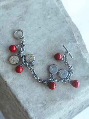 Sterling Silver CC Charm Bracelet w/ Red Beads | Italy 925 Toggle
